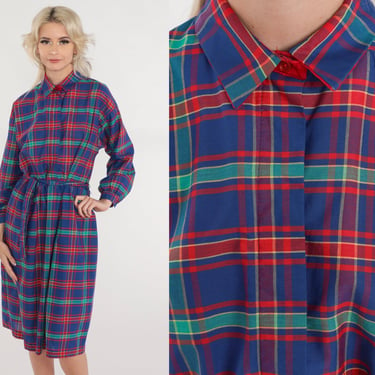 Plaid Shirt Dress 80s Button Up Midi Dress Blue Red Green Checkered Secretary Shirtdress High Waist Long Sleeve Vintage 1980s Medium Petite 