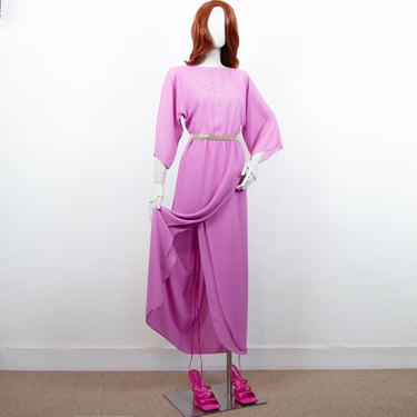 Vintage 80s Bright Pink Maxi Chiffon Wrap Dress Half Wide Sleeves Size S UK 10-12 