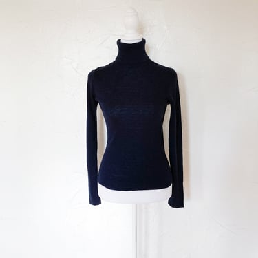 70s Minimal Navy Blue Knit Turtleneck Sweater | Extra Small/Small 