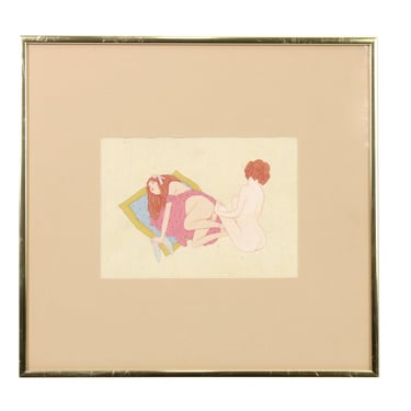 Vintage Lesbian Erotica Gouache Painting Two Nude Women Masturbating on Floor Pillow