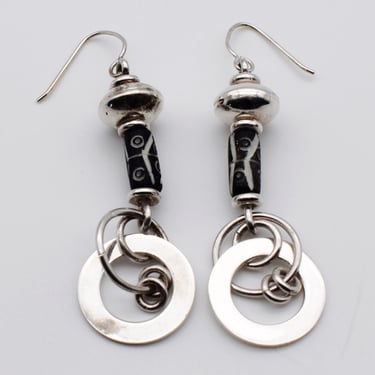 90's Mexico DDD 925 silver black terracotta boho dangles, sterling ceramic geometric tribal earrings 