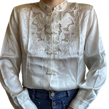 NWT Vintage Silk White Floral Lace Hand Embroidered Light Academia Blouse Sz M 