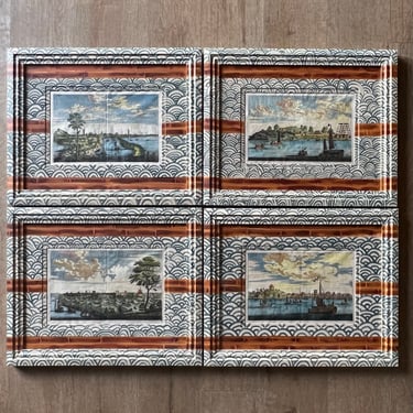 Set of Four Johannes Nieuhof Engravings of Chinese Ports in Gusto Painted Frame and Mat
