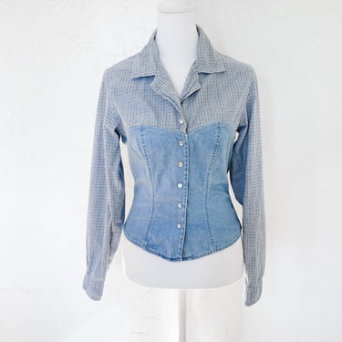 90s Sasson Chambray Bustier and Light Blue Plaid Button Down Shirt | Small/Medium 