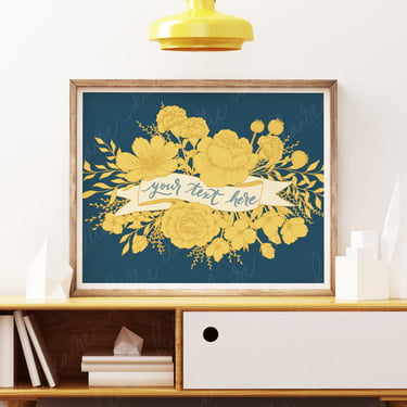 Customizable Floral Banner Art Print or Poster | Yellow Peony & Rose | Multiple Sizes Available | Personalized Words or Text 