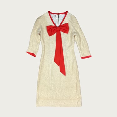 (S) Vintage Red Bow Applique Boucle Fabric Cream Dress