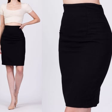 Vintage Black Mini Pencil Skirt - Extra Small, 24" | Y2K Minimalist Plain Wool Fitted Skirt 