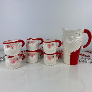 Holt Howard Vintage Christmas Merry Whiskers Santa Pitcher w/6 Mug set, 1959 Holt Howard MCM Christmas Mugs, Kitschy HH Santa Claus Pitcher 