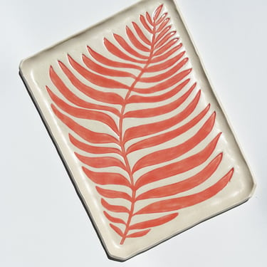 ceramic serving tray. pink frond 01. cheese board or serving dish. glazed stoneware. 10 inch serving platter. 