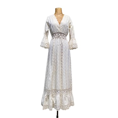 Vintage 1960s Mexican Wedding Dress, 60s Ivory Cotton and Crochet Lace Maxi Dress w/Deep V Neck and Flounce Sleeves, 36-38