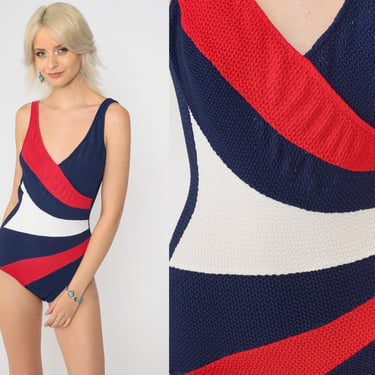 Vintage 70s Robby Len Swimsuit Red White Blue Color Block Striped Textured One Piece V-Neck Low Back Mod 1970s Swimwear Small Medium 