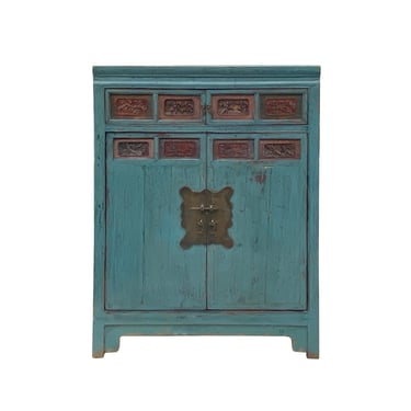 Chinese Vintage Carving Panel Tall Credenza Blue Storage Cabinet cs7515E 