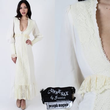 1969 Black Label Gunne Sax Maxi Dress / Crochet Zipper Sleeve 70s Prairie Wedding Dress / Vintage 70s Renaissance Fair Bridal Corset Dress 