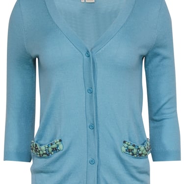 Kate Spade - Turquoise Button-Up Wool Cardigan w/ Beaded Trim Sz S