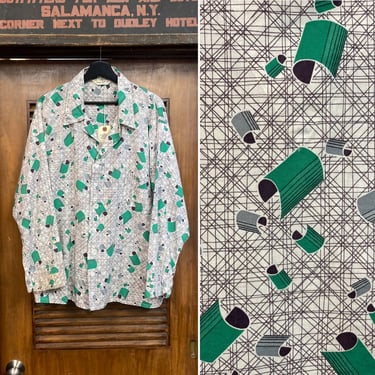 Vintage 1950’s Size XL Atomic Pattern Cotton Pajama PJ Rockabilly Shirt, 50’s Vintage Clothing 
