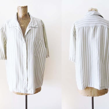 Vintage Tan White Stripe Silk Button Up Shirt M L - Vertical Stripe Baggy Top 