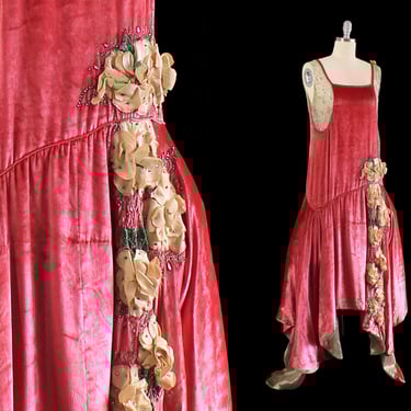 RARE 1920s Dress / 20s Pink Panne Velvet ROBE de STYLE Dress / Gold Lamé Lining / Silk Rosettes 
