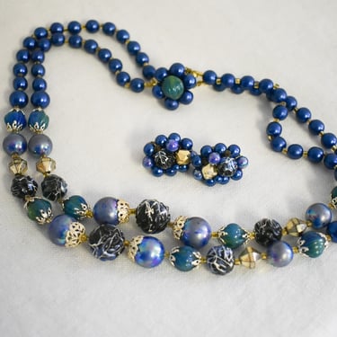 1960s Blue Multi-Strand Pearl Bead and Clip Earrings Set 