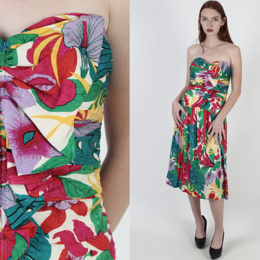 Vintage 80s Neiman Marcus Dress / Colorful Tropical Floral Print / Strapless Cocktail Party Silk Mini Dress 