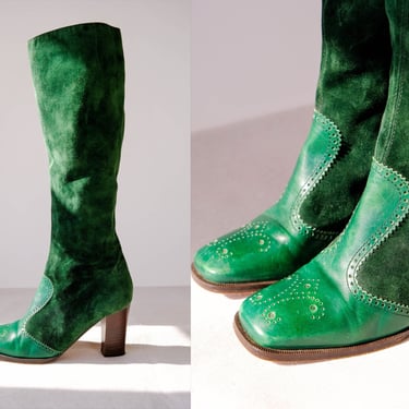 Vintage 70s Amalfi Rangoni Emerald Green Suede & Leather Perforated Wingtip Zip Boots | Made in Italy | Size 6.5 | 1970s Designer Heel Boots 