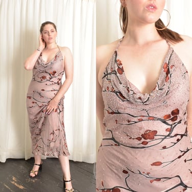 Vintage 1990s Dress / 90s Diane Freis Cherry Blossom Sequined Halter Gown / Mauve ( M L XL ) 
