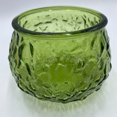 Retro Avocado Green Crinkle Glass Bowl or Candle Holder, Vintage Bumpy Olive Green Glassware, Marked 