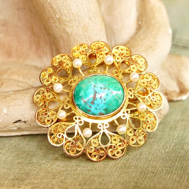 Victorian 14K Gold Filigree Turquoise & Pearl Brooch/Pendant, Intricate Yellow Gold Brooch W/ Hinged Necklace Bail, 3.6mm Pearls, 2 1/8&quot; L 