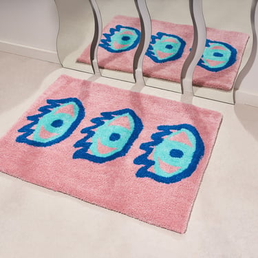 Blush pink and blue evil eye rug- office decor, modern, aesthetic, colorful, gift for a woman, gift for a man, hand tufted. 