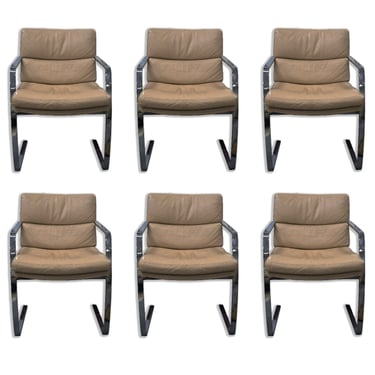 Set of 6 Milo Baughman Leather and Chrome Cantilever Chairs Mid Century Modern 