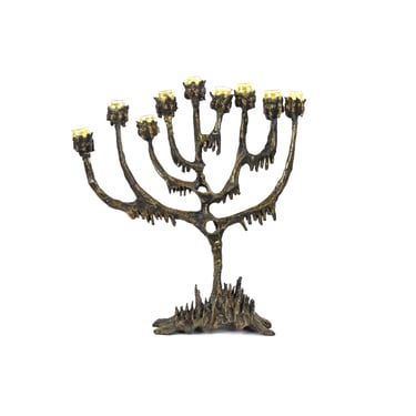 Midcentury Aharon Bezalel Brutalist Bronze Menorah with Blown Glass Cups 