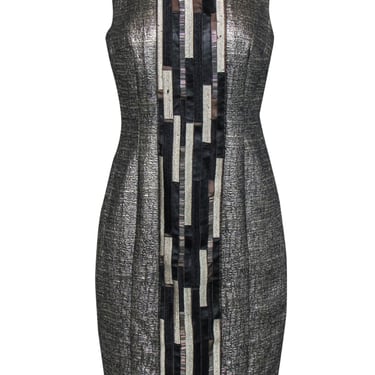 Carmen Marc Valvo - Silver Metallic Dress w/ Beaded, Embroidered &amp; Faux Leather Paneling Sz 10