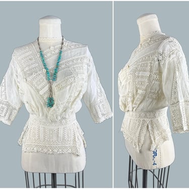 EDWARDIAN WHITE Antique 1900's Cotton Blouse | Open Lace Crochet and Netting Top | Victorian, Gibson Girl, Prairie Style | Size Small 