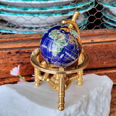 Semi-Precious Gemstone Globe on Brass Stand~World Map Blue Lapis Ocean 