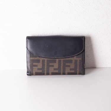 Vintage FENDI 90s Zucca Canvas + Leather Wallet FF Logo Monogram Brown Black Gold 