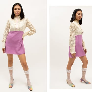 Vintage 1970s 70s Mauve Purple Chiffon Lace Bishop Sleeve Long Sleeve Mini Dress 