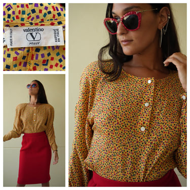 80s Valentino Silk Blouse / Yellow Black Red Blue Printed Silk Top with Shoulder Pads / Eighties Silk Blouse Shirt 