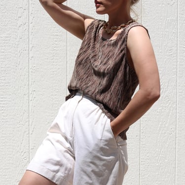 90s Sleeveless Blouse / Neutral Textured Top / CONNECTED APPAREL Wrinkled Micro Pleat Shirt S/M 