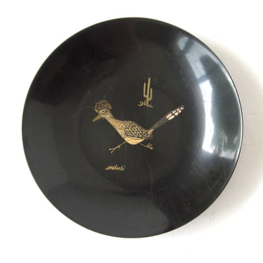 Couroc of Monterey ROADRUNNER Dish, Gold Metal and Wood Inlay on Black, Desert Theme, Mid Century Modern Home Decor Barware, Hostess Gift 