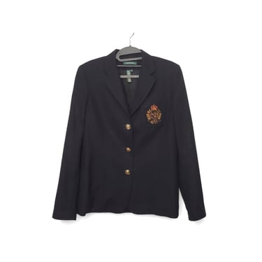 1990s Vintage Lauren Ralph Lauren Wool Blazer, LRL 3D Royal Crest Black Jacket, Classic Preppy Ivy League, Yacht Club, Vintage Clothing 