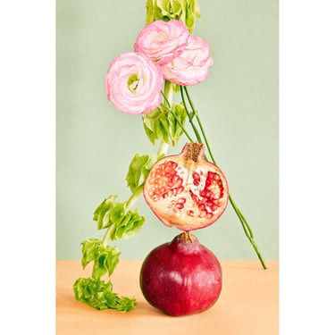 Still Life With Pomegranate and Pink Flowers: Archival Pigment Print, Fine Art, Whimsical Floral Print, Ikebana Still Life, Original Art 