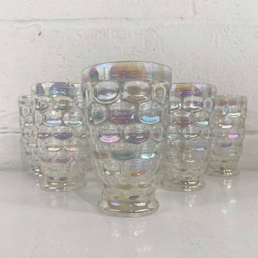 Vintage Iridescent Thumbprint Glassware Federal Glass Yorktown Colonial Tumblers Clear Rainbow Set of 6 Drinking Glasses 1960s 