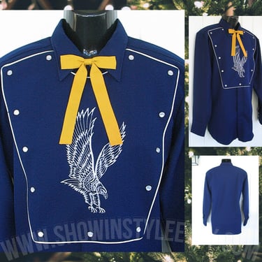 H Bar C, California Ranchwear Vintage Western Men's Cowboy, Navy Blue with Bib, Embroidered White Eagle, 16.5, Large (see meas. photo) 