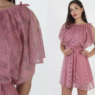 Vintage 70s Pink Grecian Disco Dress Split Sleeve Sweeping Pleated Cocktail Mini Dress 