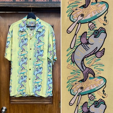 Vintage 1990’s “Mambo” Label Fish Border Tiki Rayon Hawaiian Shirt, 90’s Loop Collar Shirt, Vintage Clothing 