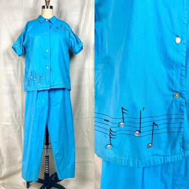 Vintage 1950s Novelty Print  Music Note Teen Beat Cotton Pajama Set, Loungewear, two piece, Capri Pants, and Shirt 