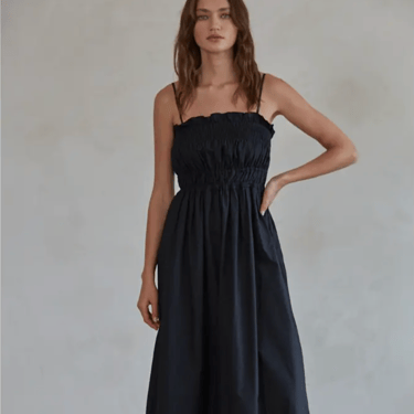 a.ren | Ruched Cotton Maxi Dress in Black