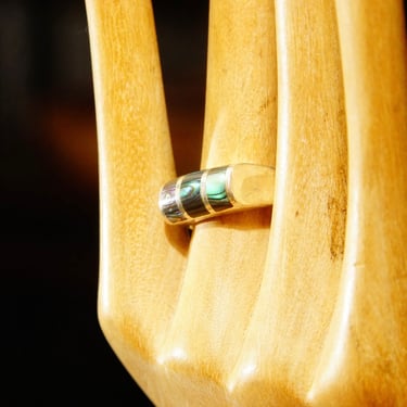 Vintage ND 925 Sterling Silver Modernist Abalone Inlay Ring, Bohemian Saddle Ring, Modernist Stacking Ring, Unisex, Size 6 1/4 US 