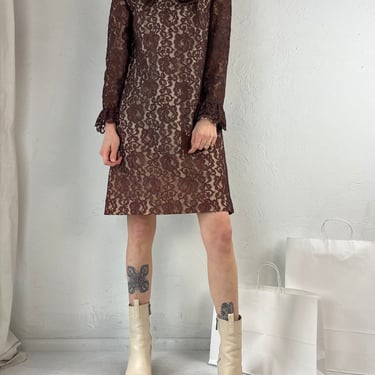 1950s Handmade Brown Lace Mini Dress / Small 