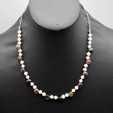 70's sterling pearls labradorite modified bib, unusual red green teardrops white pearls 925 silver necklace 