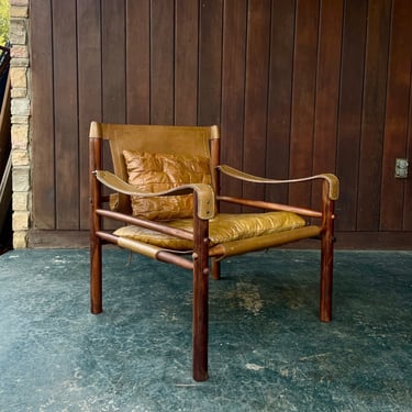 1960s Arne Norell Sirocco Safari Lounge Chair Leather Sling Rosewood Vintage Danish Mid-Century Modern 